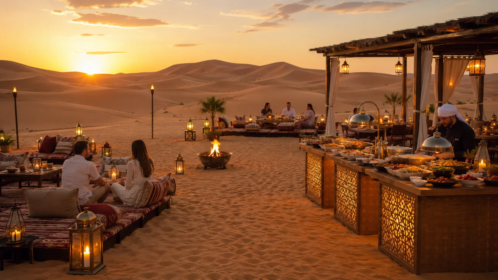 Evening desert safari BBQ dinner camp with lanterns
