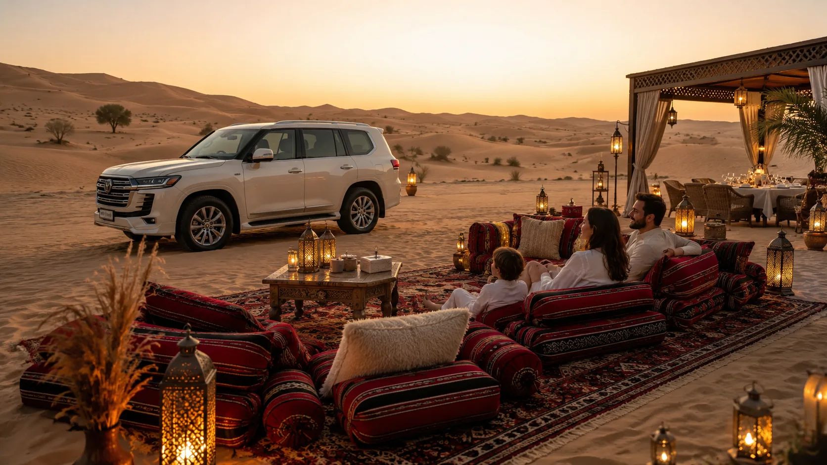 Private Dubai desert safari table setup with lanterns