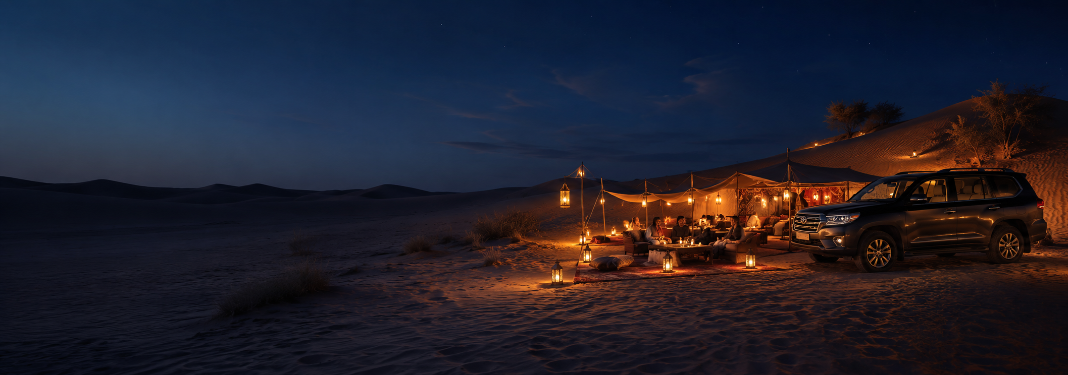 Dubai desert safari camp banner at sunset