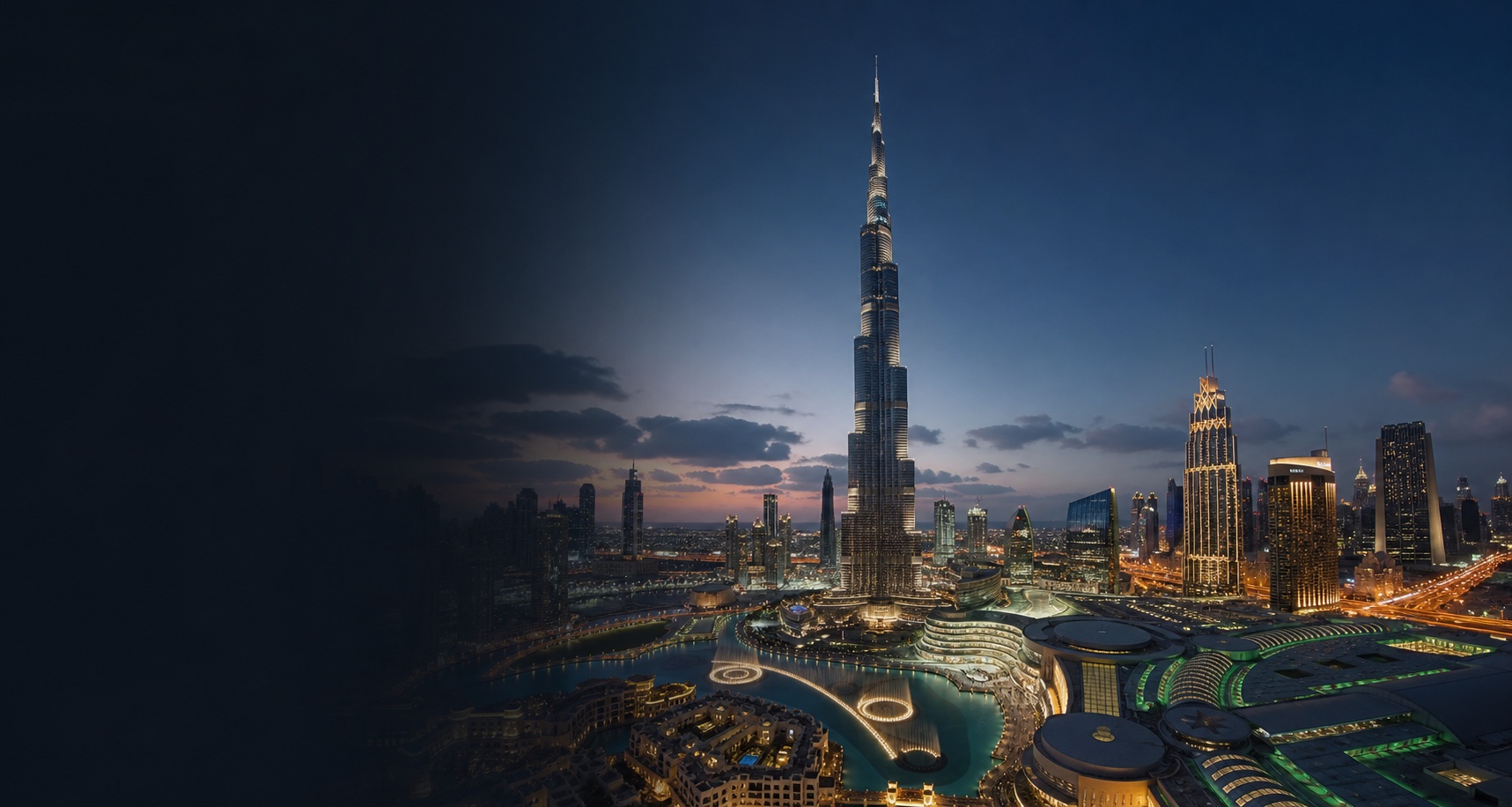 Wide Downtown Dubai evening skyline with Burj Khalifa for the guide closing banner
