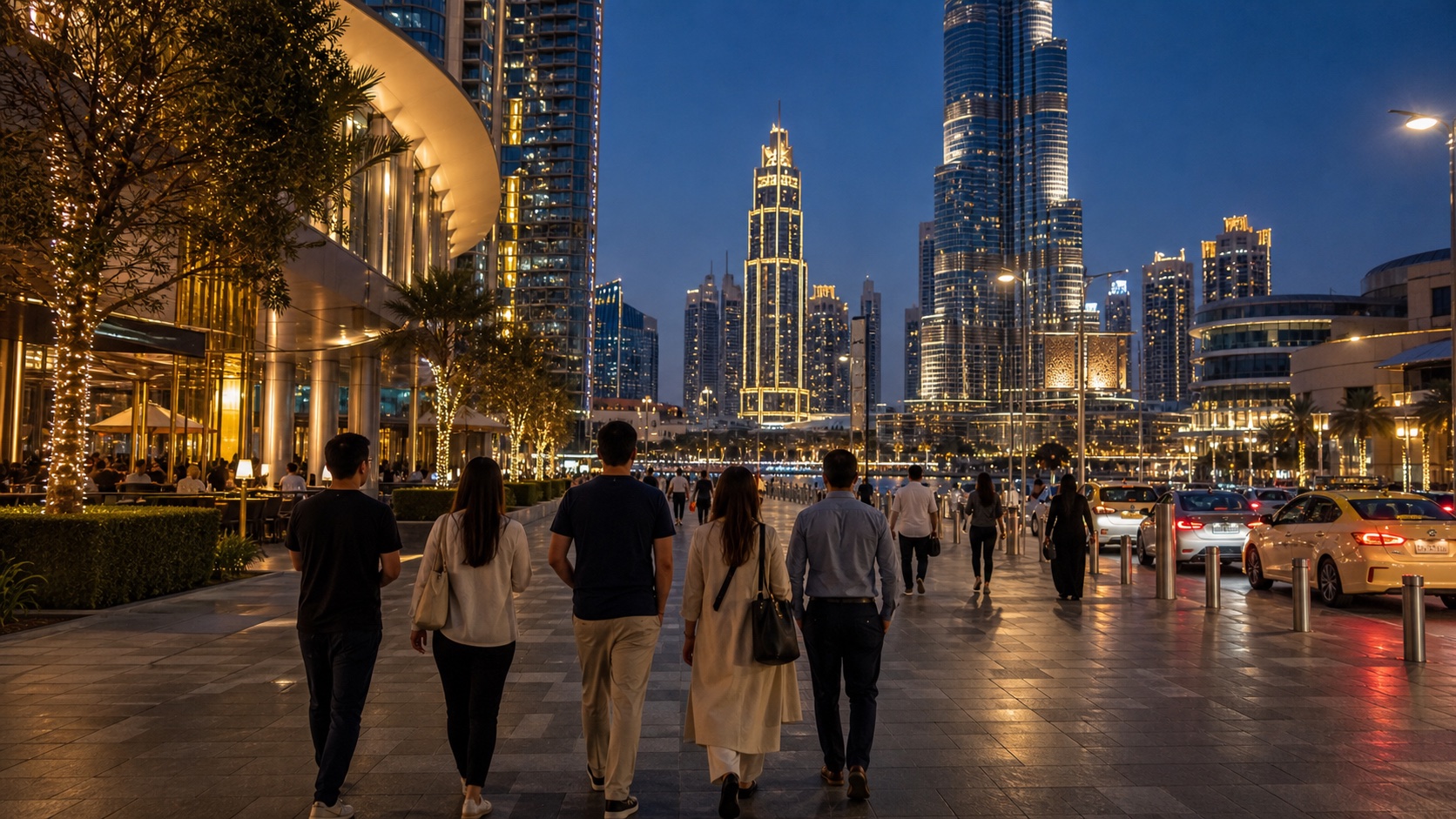 Downtown Dubai evening pedestrian exit after a Burj Khalifa visit
