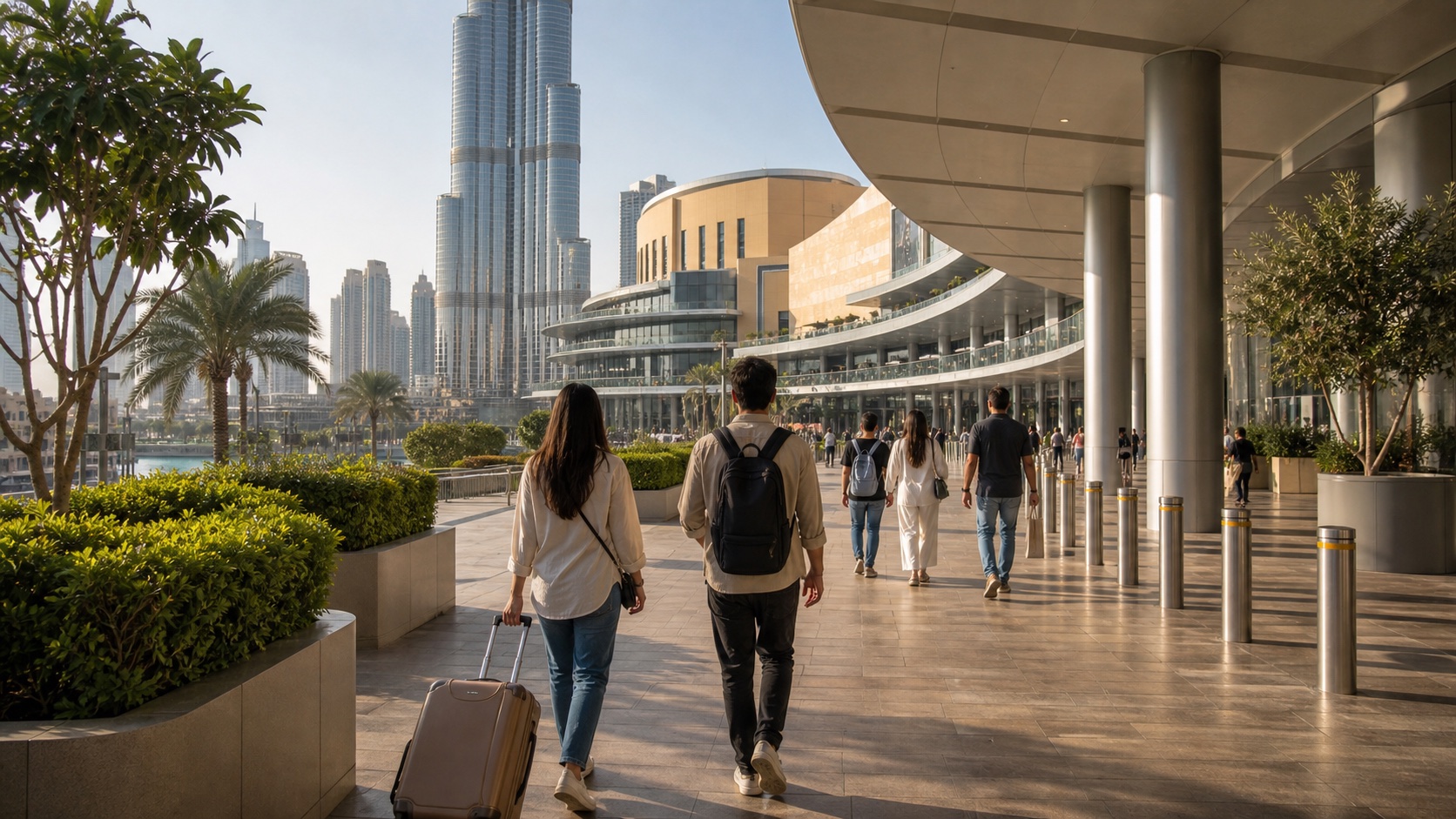 Visitors walking toward Dubai Mall and Burj Khalifa before a timed observation deck slot