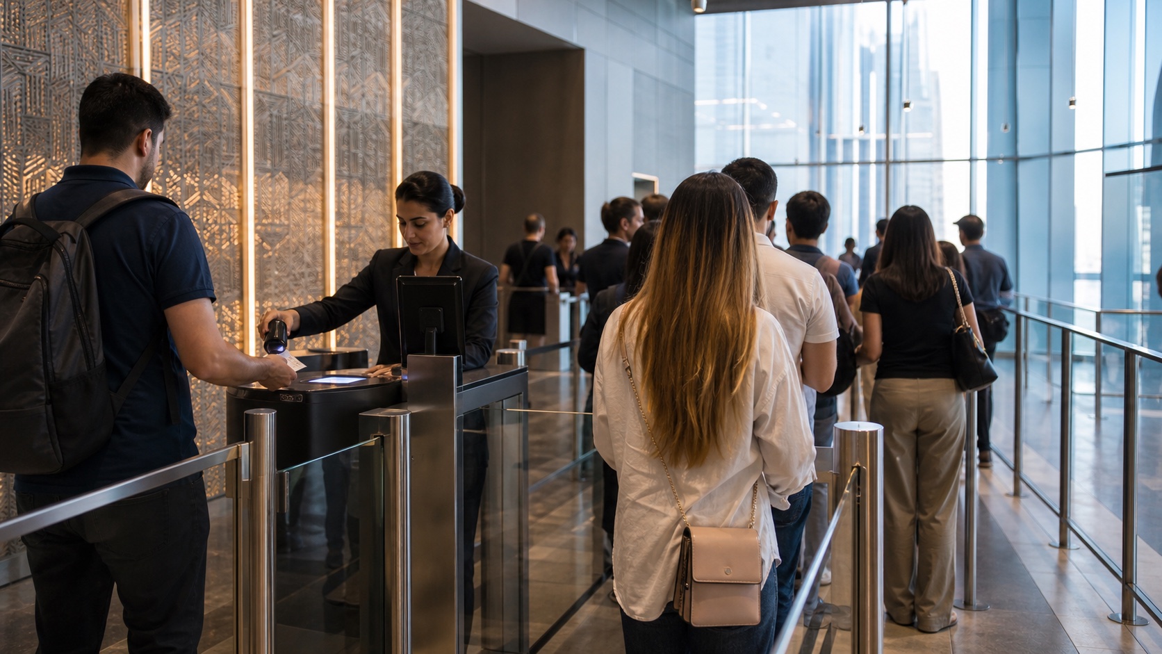 Calm ticket scan and queue moment before a Burj Khalifa observation deck visit
