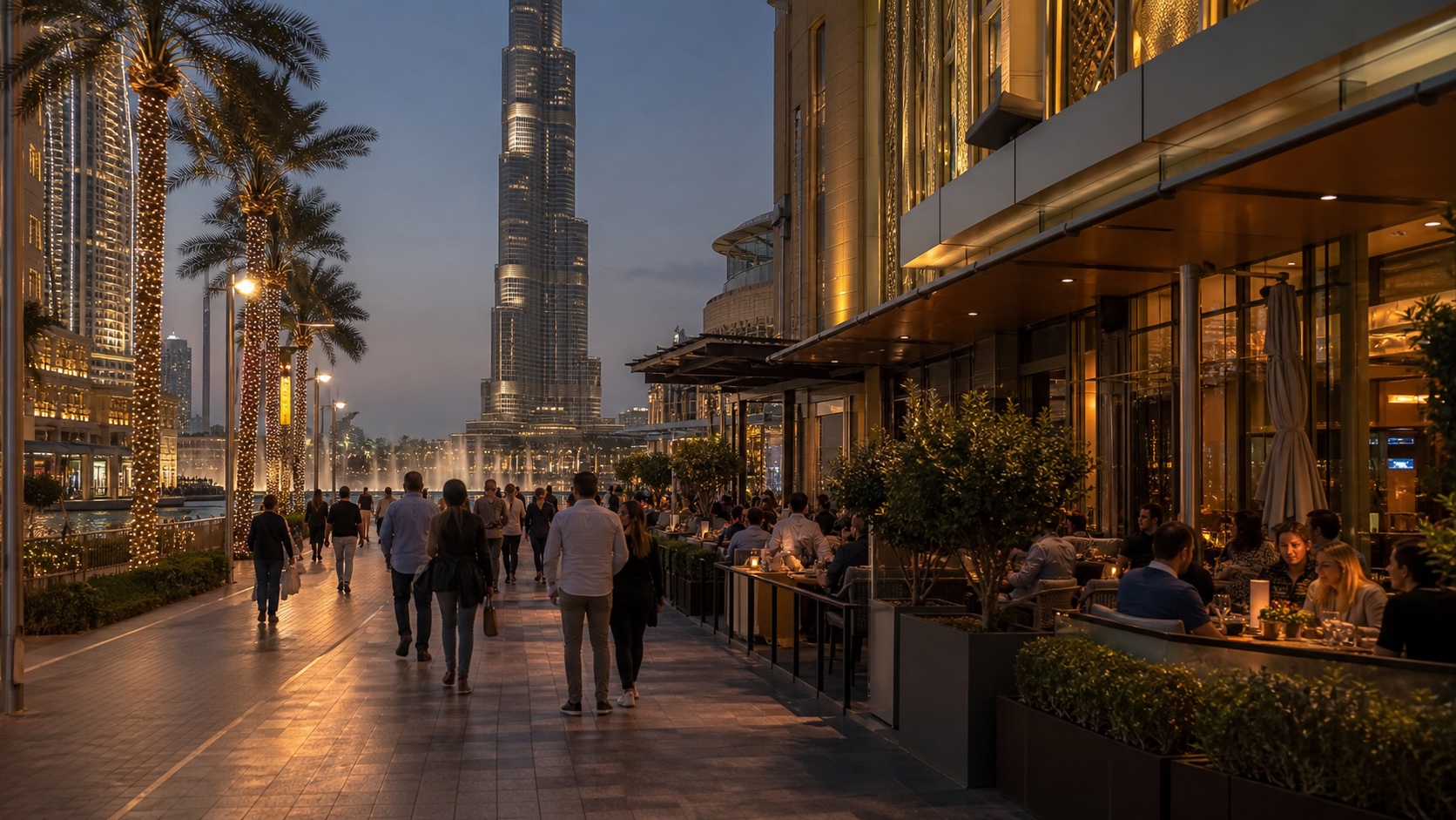 Downtown Dubai evening dining area near Burj Khalifa after a sunset observation deck slot