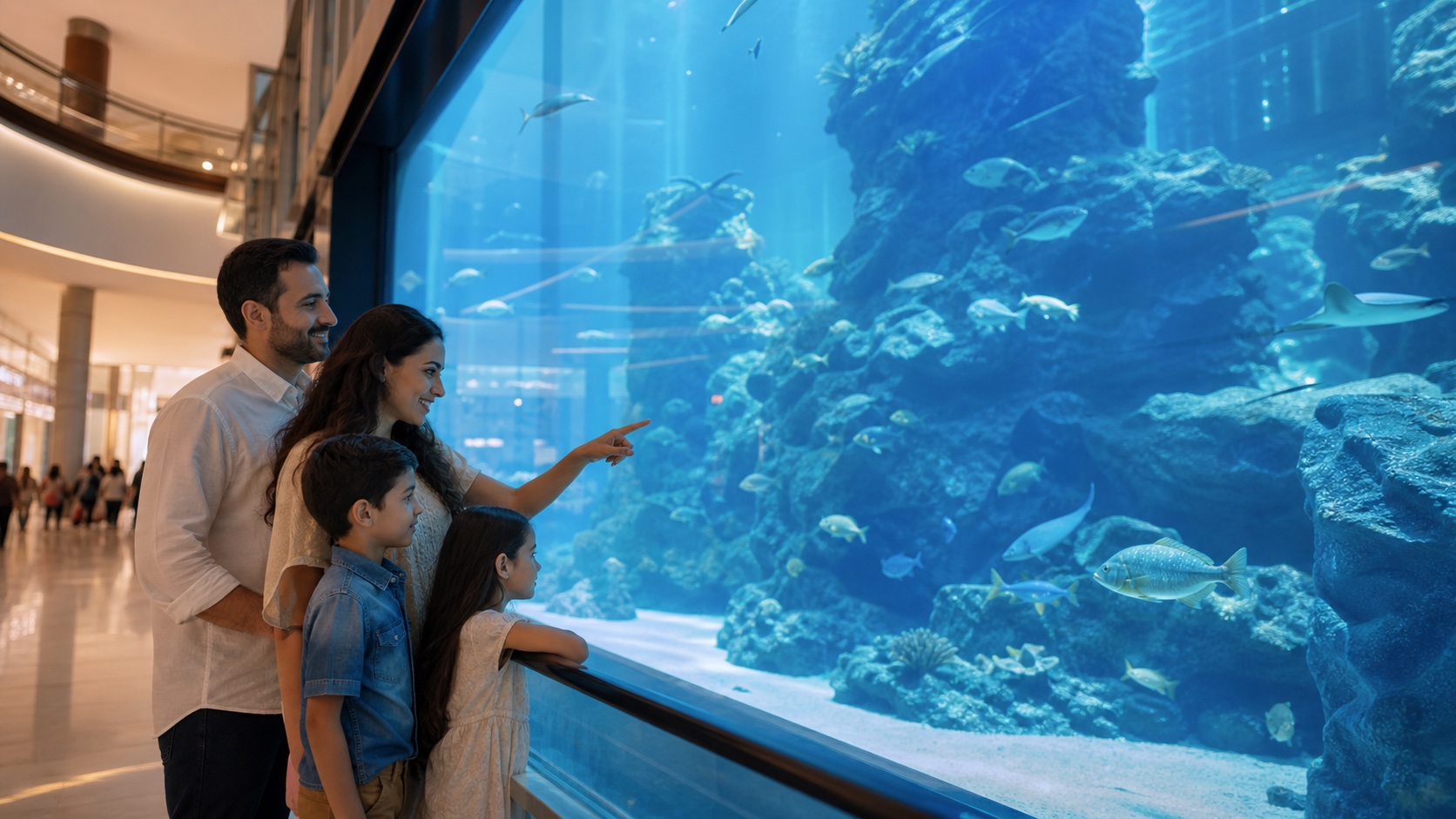 Family viewing a large indoor aquarium wall as a Dubai Mall pairing with Burj Khalifa
