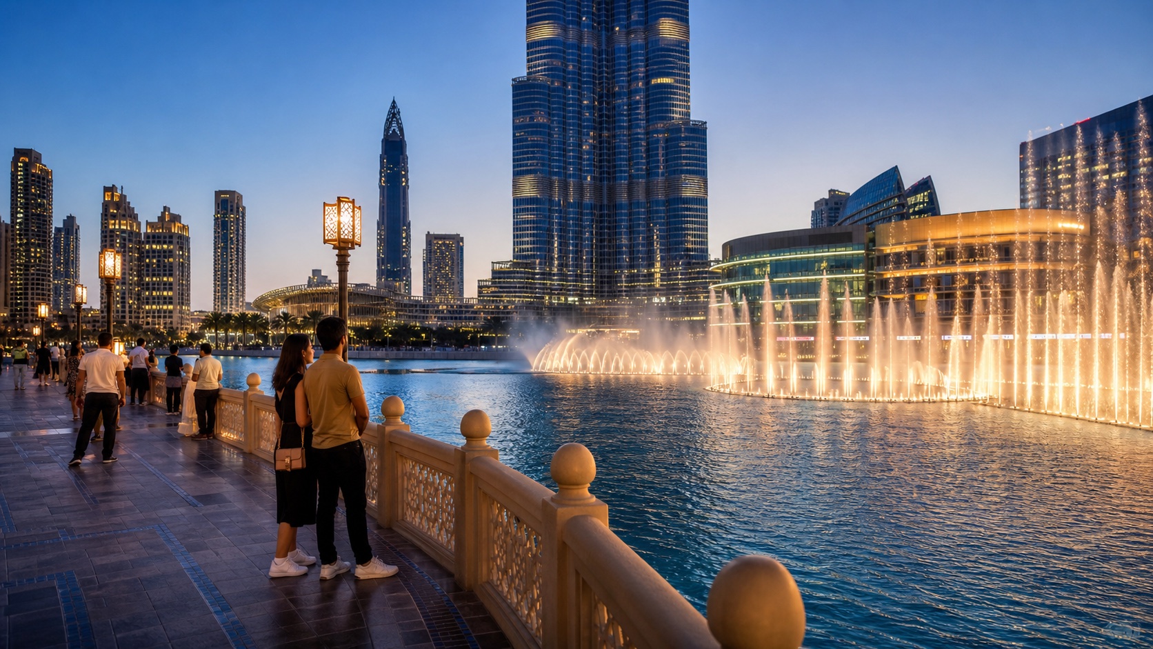 Dubai Fountain and Downtown Dubai promenade near Burj Khalifa in the evening