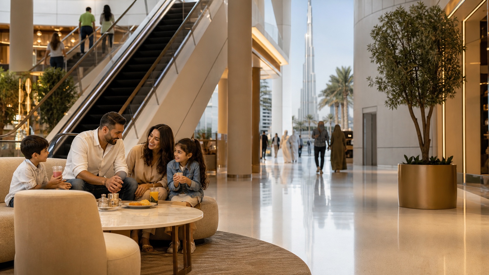 Family taking an indoor break in a Dubai Mall-style setting before a Burj Khalifa visit