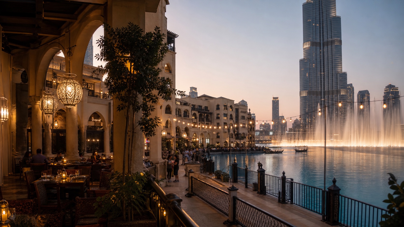 Souk Al Bahar-style terrace overlooking Dubai Fountain and Burj Khalifa at dusk